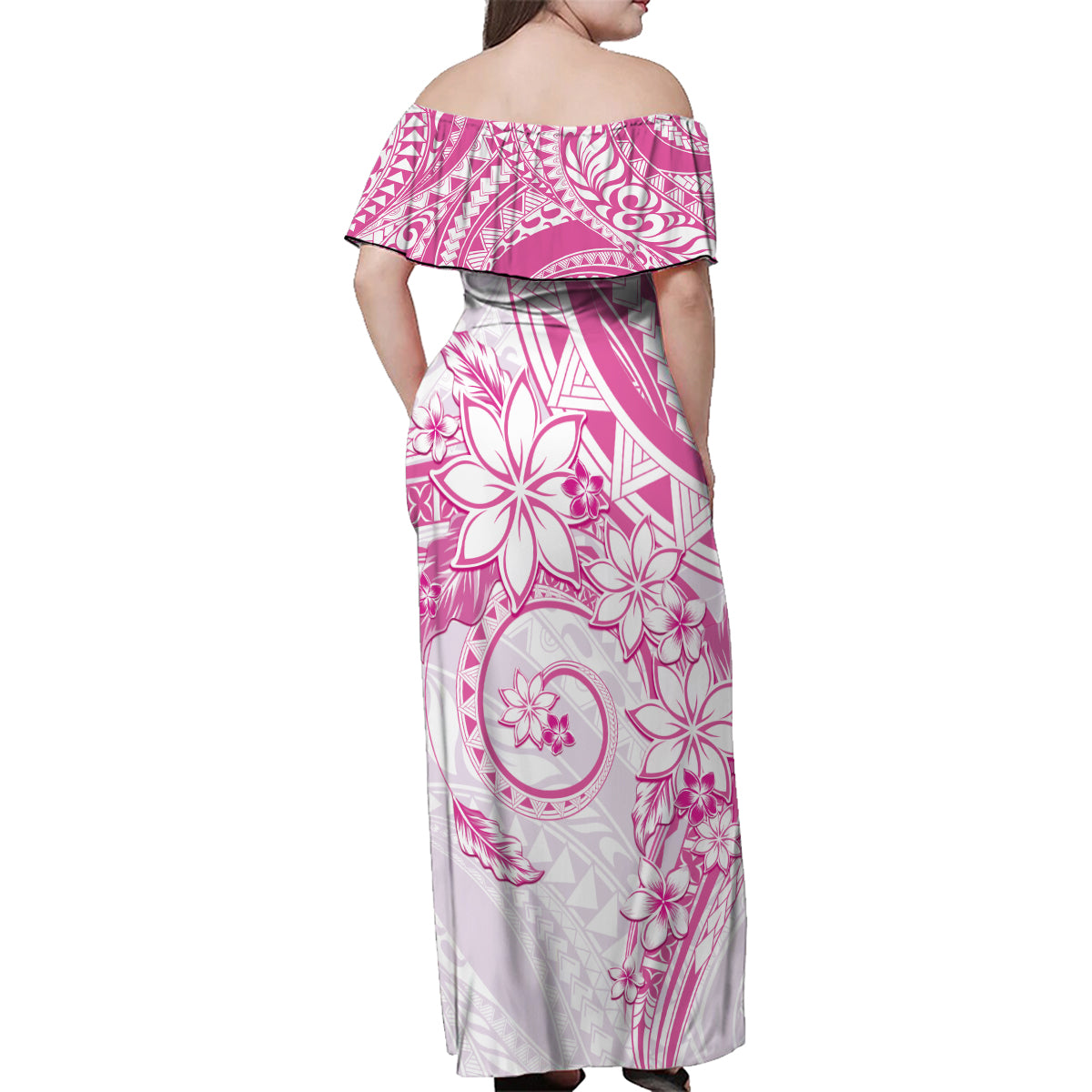 Polynesian Pattern With Plumeria Flowers Family Matching Off Shoulder Maxi Dress and Hawaiian Shirt Pink