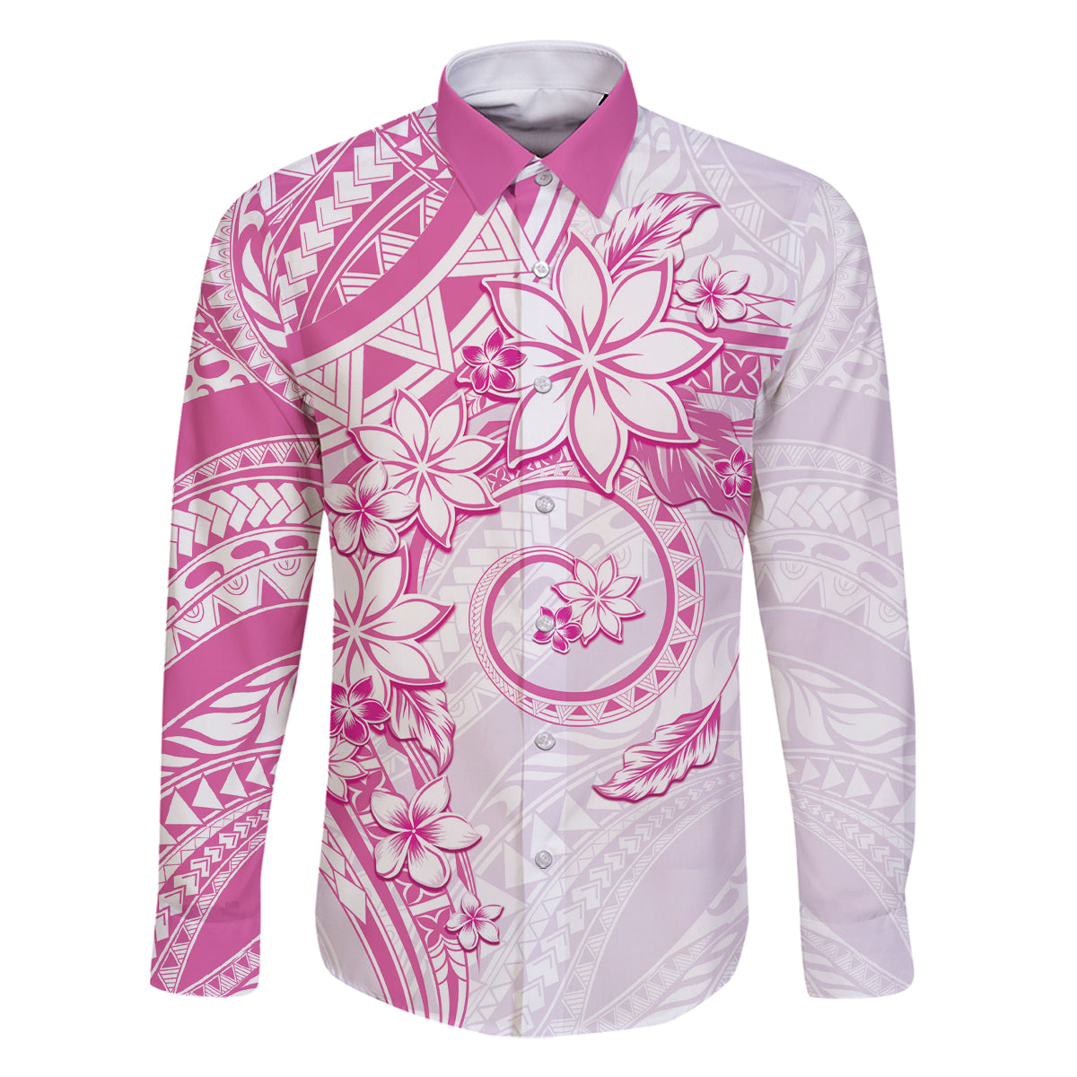 Polynesian Pattern With Plumeria Flowers Family Matching Tank Maxi Dress and Hawaiian Shirt Pink