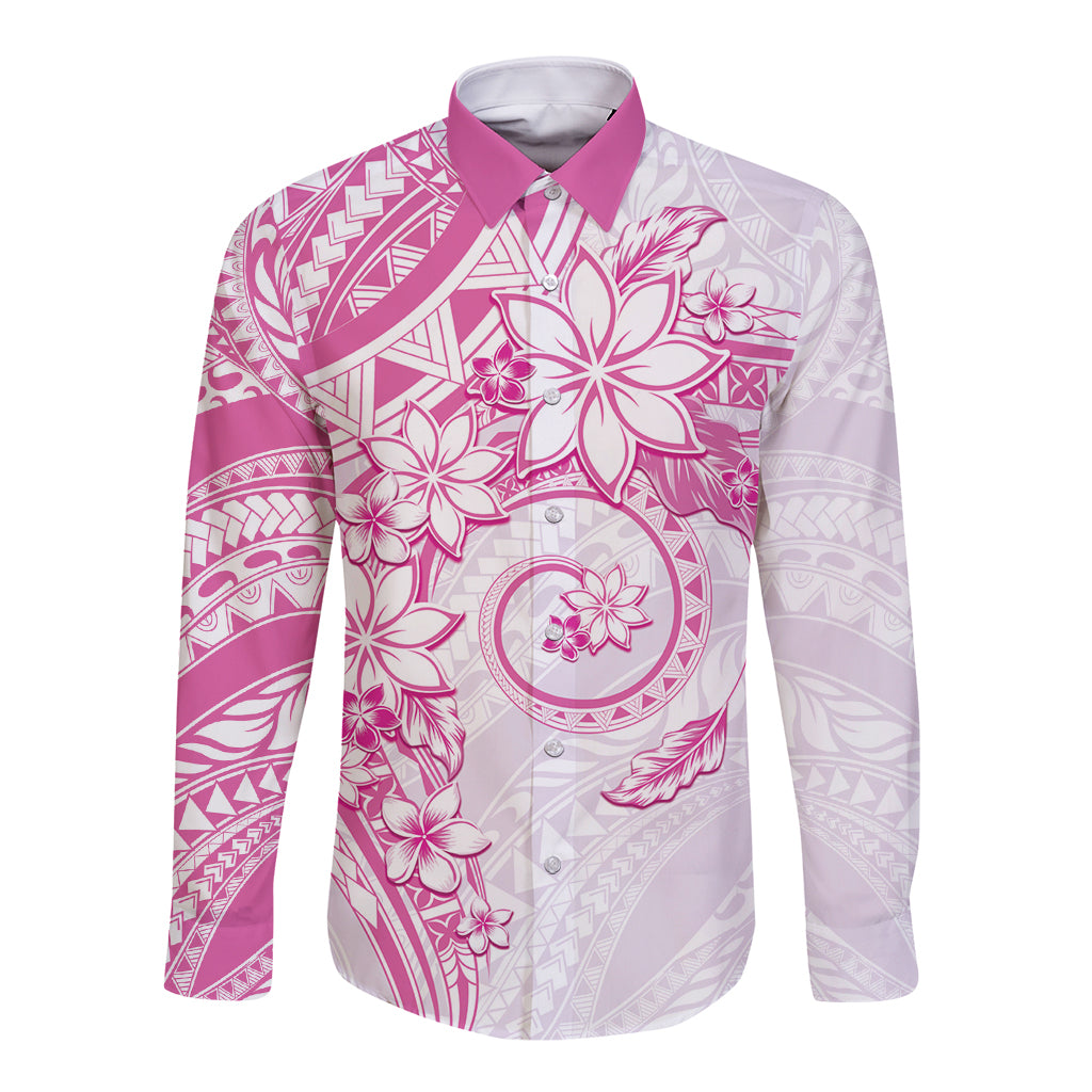 Polynesian Pattern With Plumeria Flowers Long Sleeve Button Shirt Pink LT05 Unisex Pink - Polynesian Pride