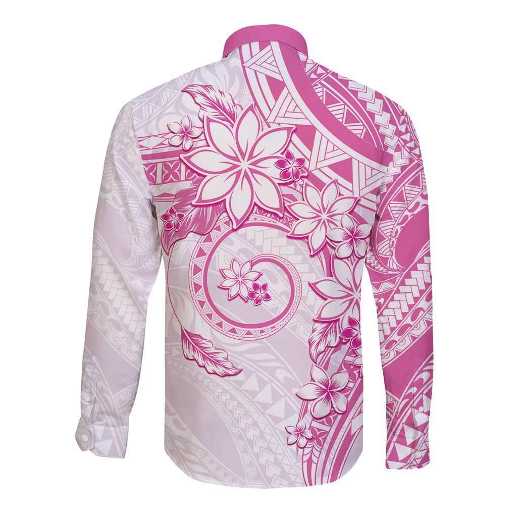 Polynesian Pattern With Plumeria Flowers Long Sleeve Button Shirt Pink LT05 - Polynesian Pride
