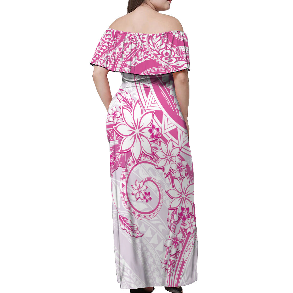 Polynesian Pattern With Plumeria Flowers Off Shoulder Maxi Dress Pink