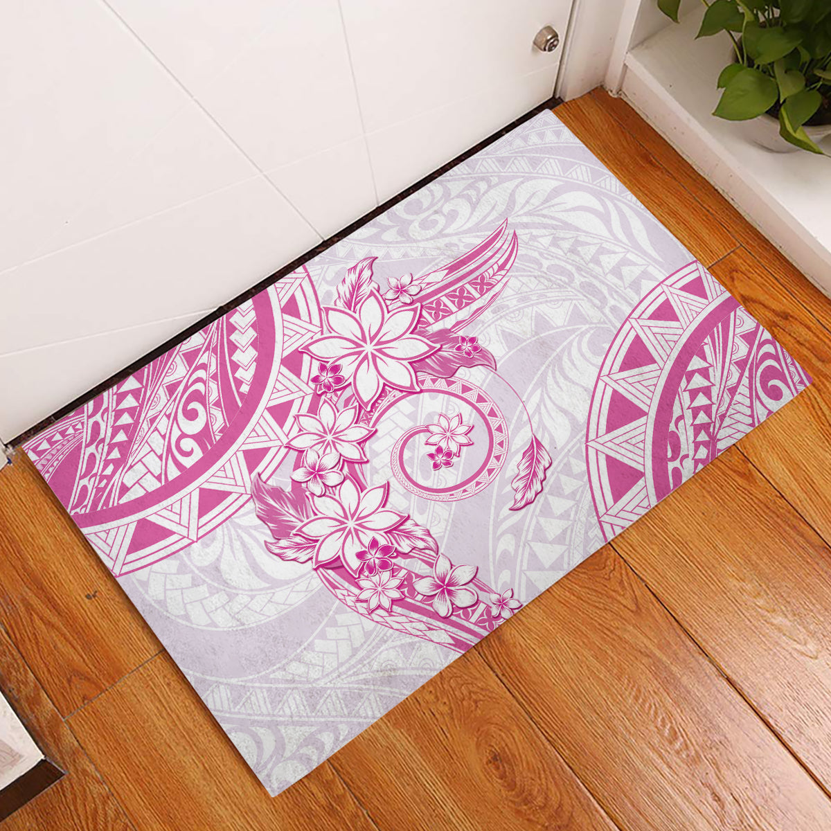 Polynesian Pattern With Plumeria Flowers Rubber Doormat Pink
