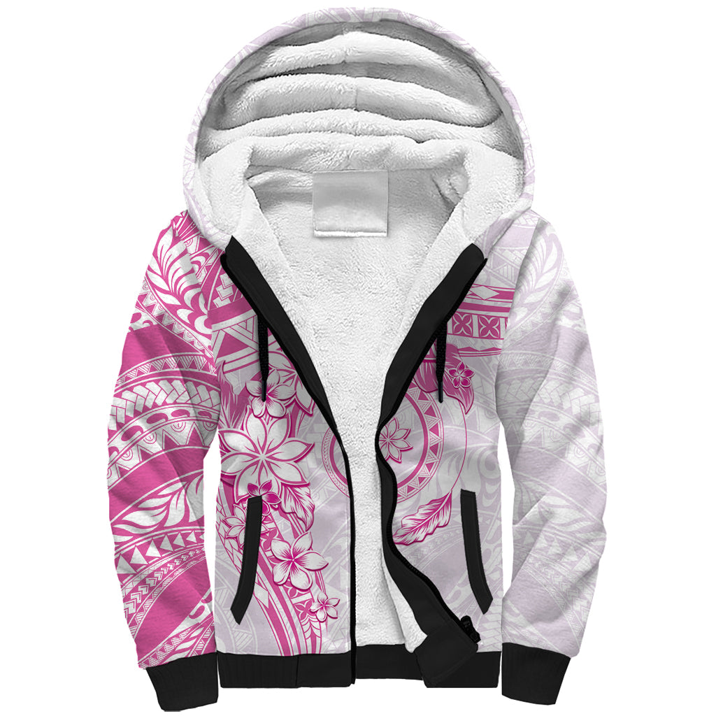 Polynesian Pattern With Plumeria Flowers Sherpa Hoodie Pink