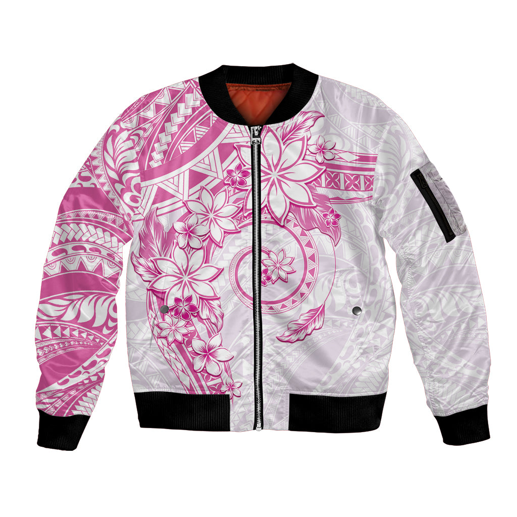 Polynesian Pattern With Plumeria Flowers Sleeve Zip Bomber Jacket Pink