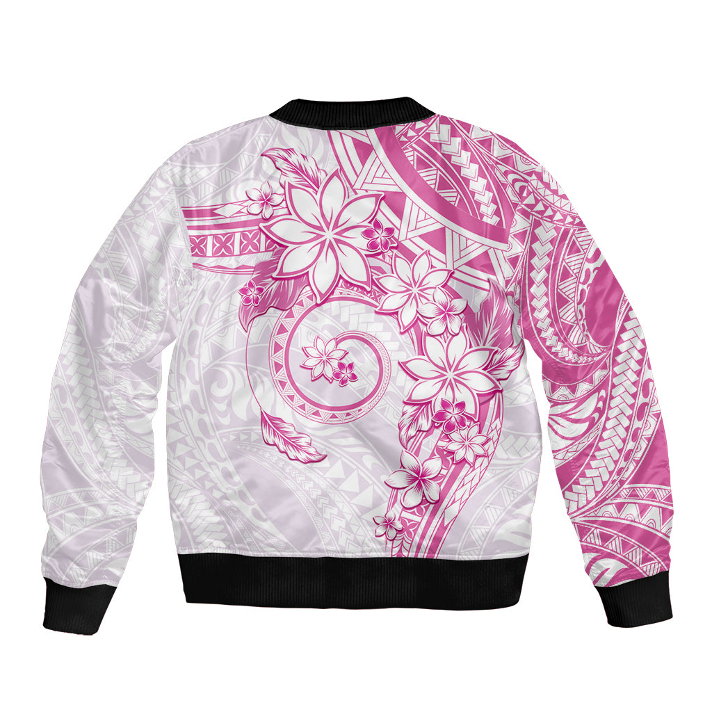 Polynesian Pattern With Plumeria Flowers Sleeve Zip Bomber Jacket Pink