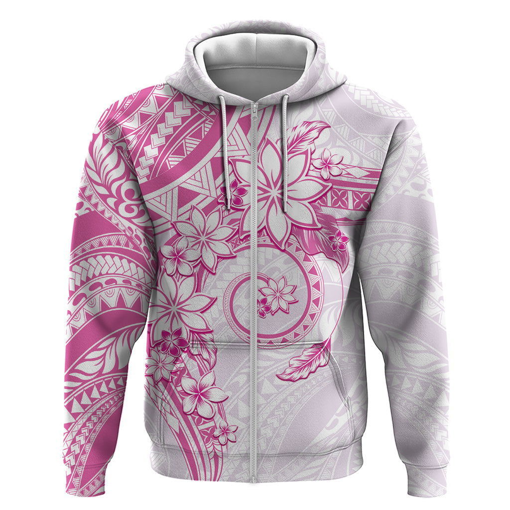 Polynesian Pattern With Plumeria Flowers Zip Hoodie Pink