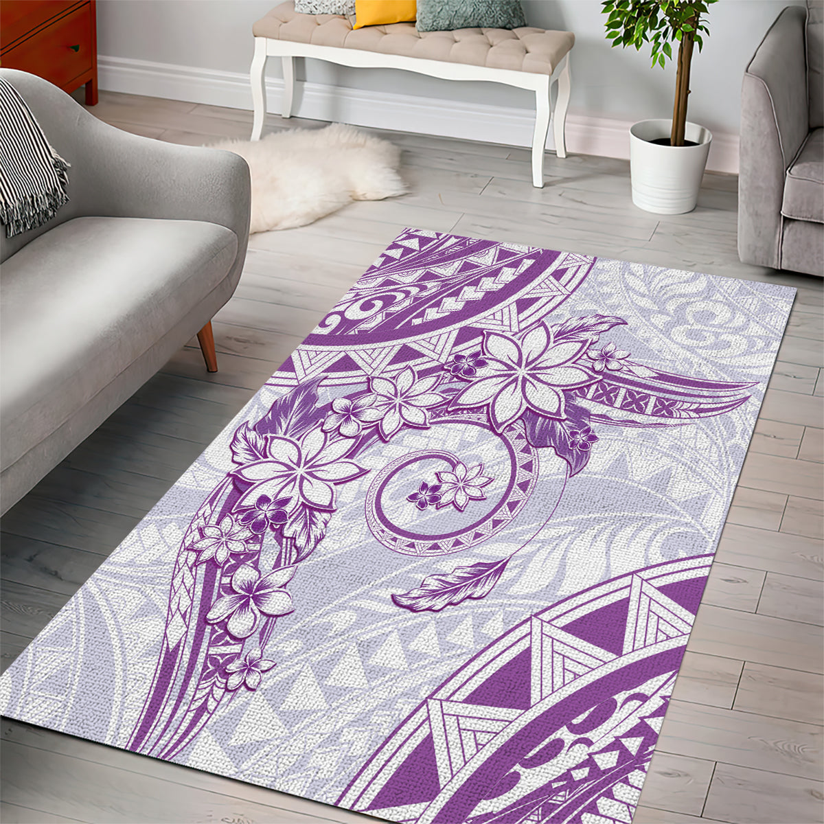 Polynesian Pattern With Plumeria Flowers Area Rug Purple