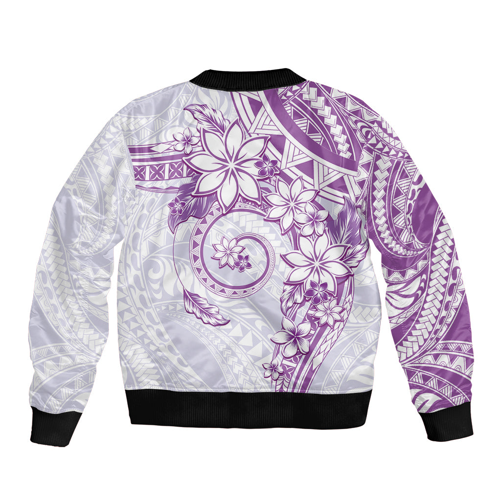 Polynesian Pattern With Plumeria Flowers Bomber Jacket Purple