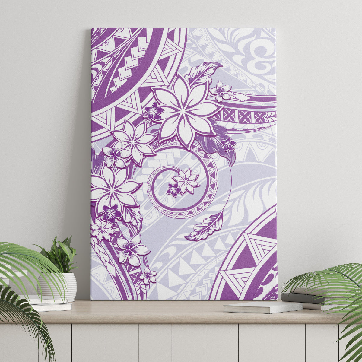 Polynesian Pattern With Plumeria Flowers Canvas Wall Art Purple
