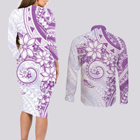 Polynesian Pattern With Plumeria Flowers Couples Matching Long Sleeve Bodycon Dress and Long Sleeve Button Shirt Purple