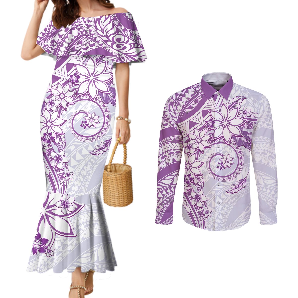 Polynesian Pattern With Plumeria Flowers Couples Matching Mermaid Dress and Long Sleeve Button Shirt Purple
