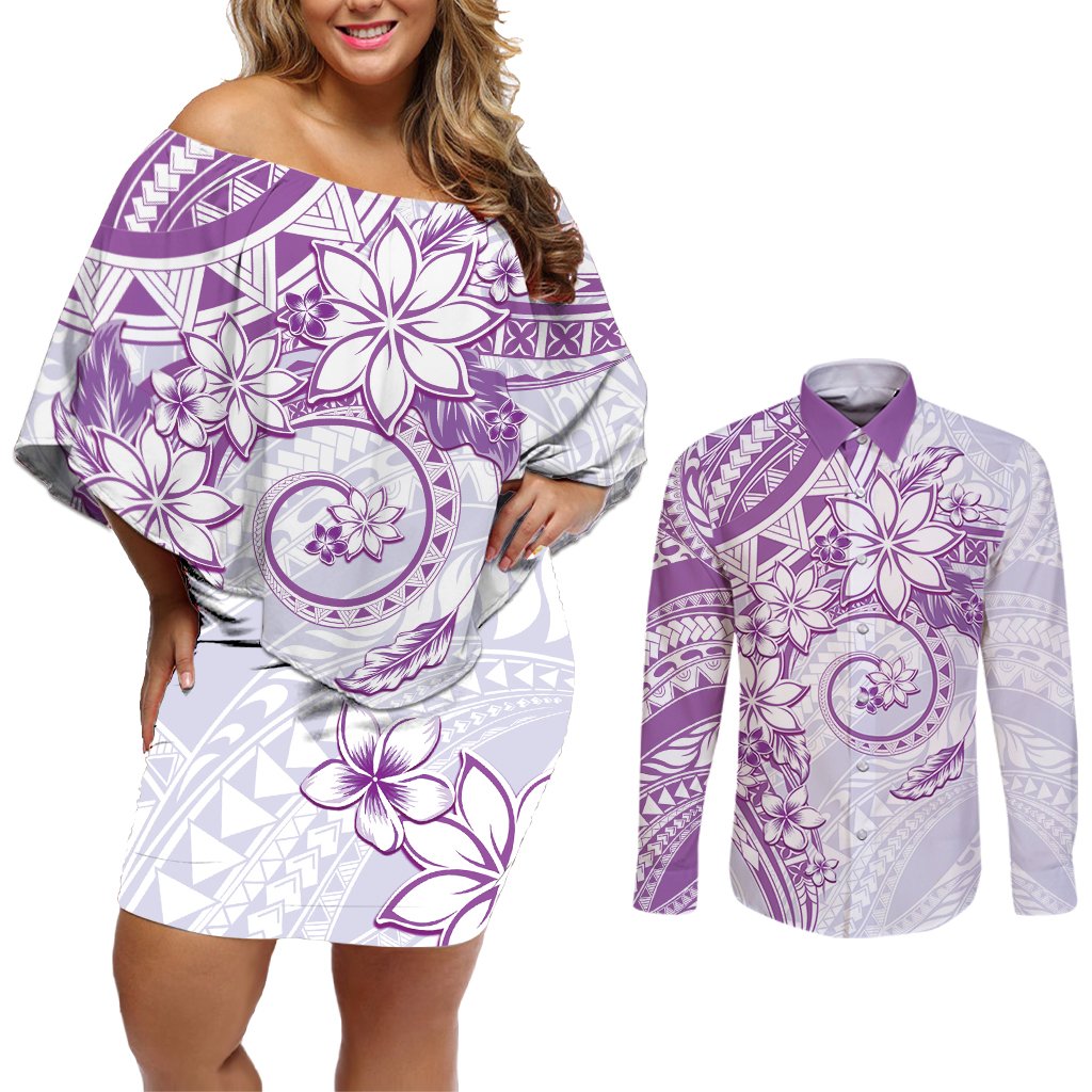 Polynesian Pattern With Plumeria Flowers Couples Matching Off Shoulder Short Dress and Long Sleeve Button Shirt Purple
