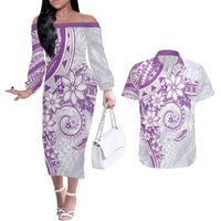Polynesian Pattern With Plumeria Flowers Couples Matching Off The Shoulder Long Sleeve Dress and Hawaiian Shirt Purple