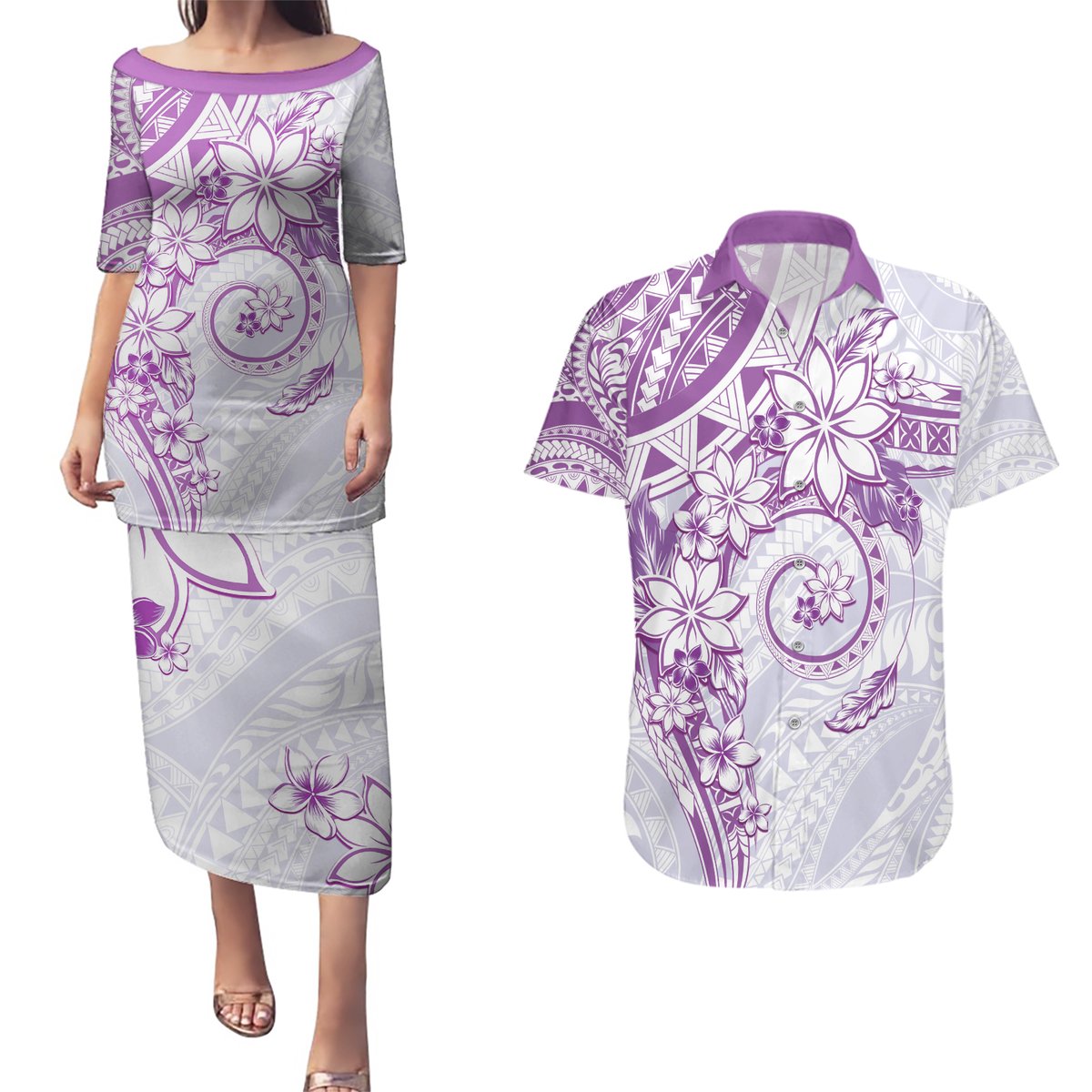 Polynesian Pattern With Plumeria Flowers Couples Matching Puletasi and Hawaiian Shirt Purple LT05 Purple - Polynesian Pride