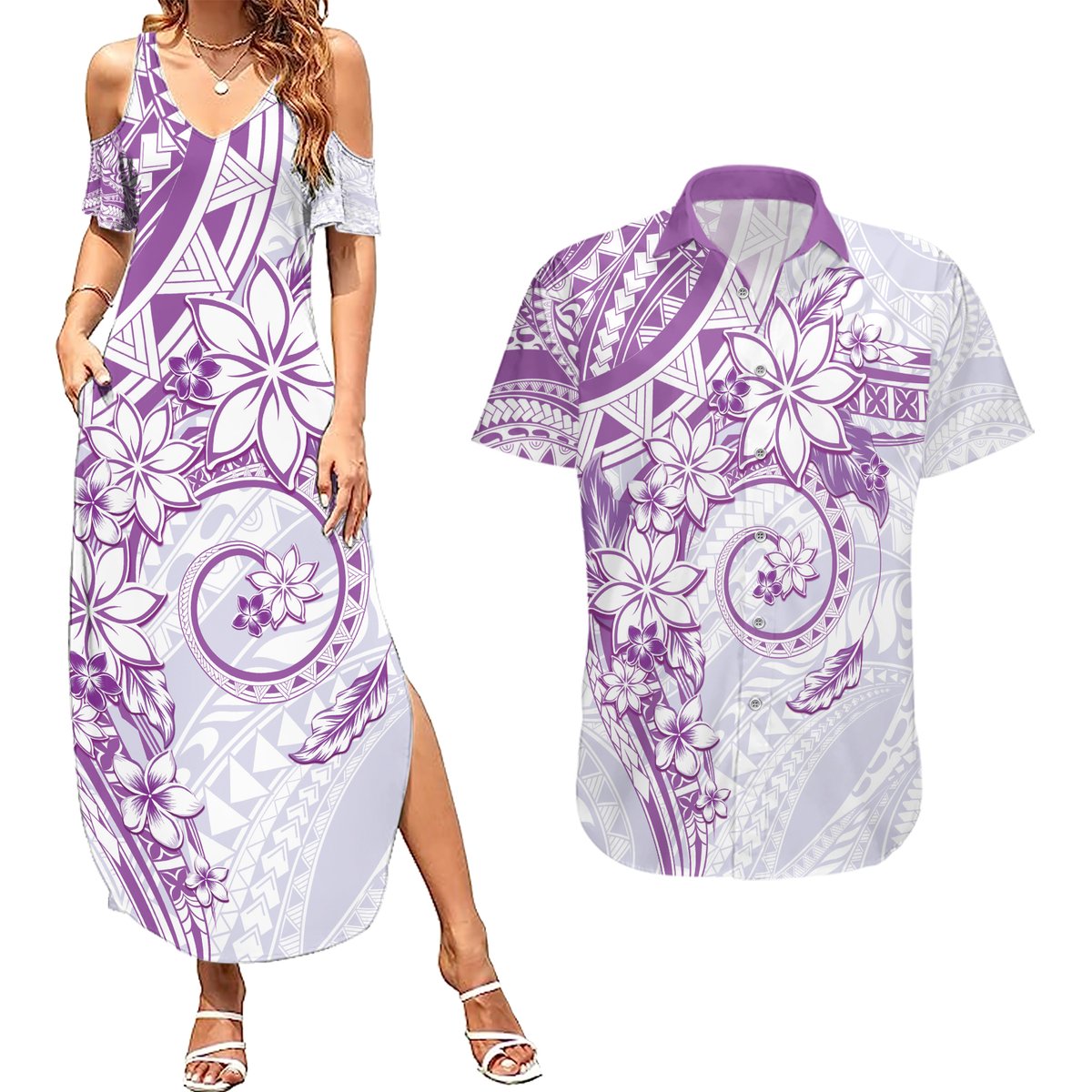Polynesian Pattern With Plumeria Flowers Couples Matching Summer Maxi Dress and Hawaiian Shirt Purple