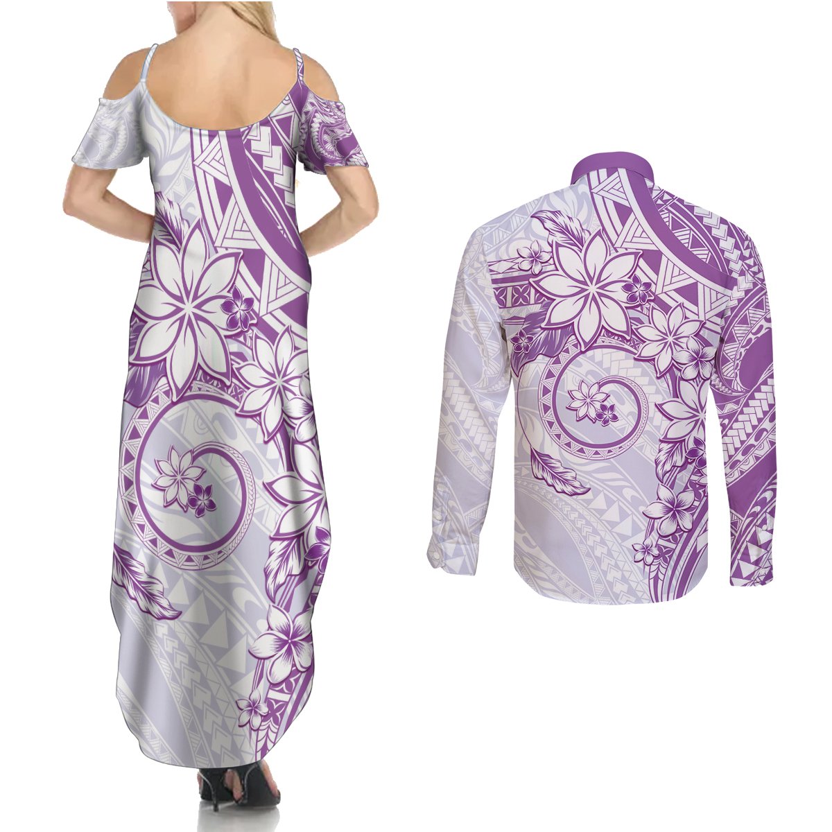 Polynesian Pattern With Plumeria Flowers Couples Matching Summer Maxi Dress and Long Sleeve Button Shirt Purple