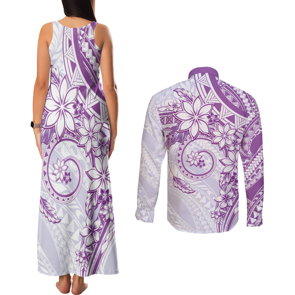Polynesian Pattern With Plumeria Flowers Couples Matching Tank Maxi Dress and Long Sleeve Button Shirt Purple