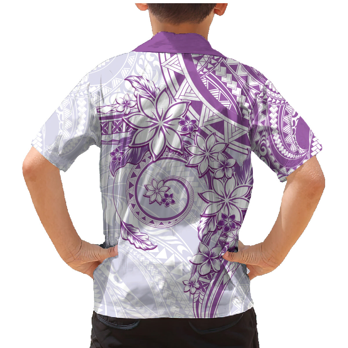 Polynesian Pattern With Plumeria Flowers Family Matching Mermaid Dress and Hawaiian Shirt Purple