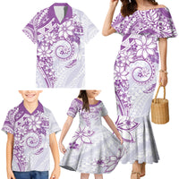 Polynesian Pattern With Plumeria Flowers Family Matching Mermaid Dress and Hawaiian Shirt Purple
