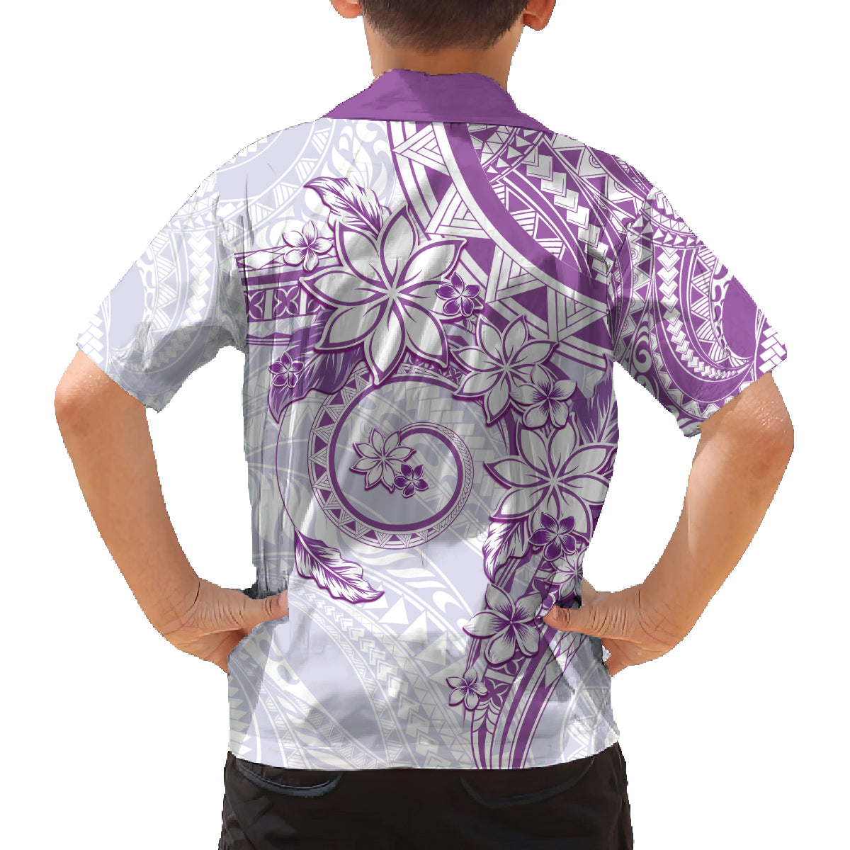 Polynesian Pattern With Plumeria Flowers Family Matching Tank Maxi Dress and Hawaiian Shirt Purple
