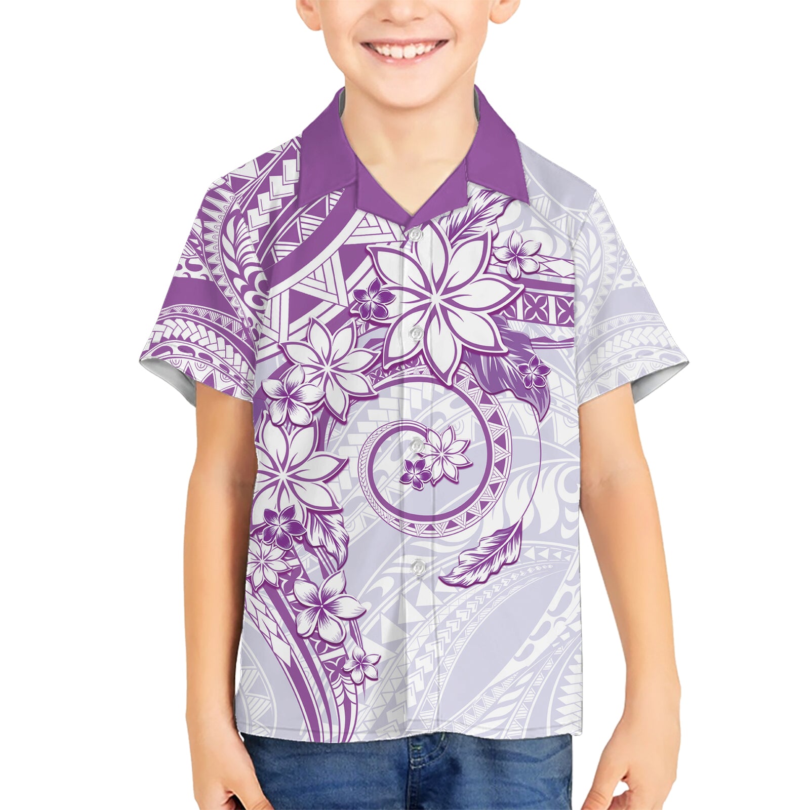Polynesian Pattern With Plumeria Flowers Kid Hawaiian Shirt Purple LT05 Kid Purple - Polynesian Pride