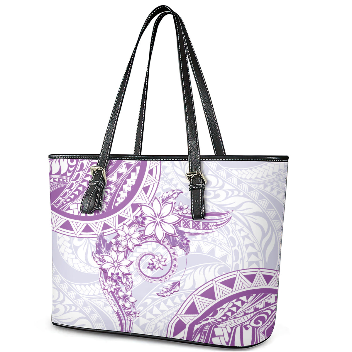 Polynesian Pattern With Plumeria Flowers Leather Tote Bag Purple