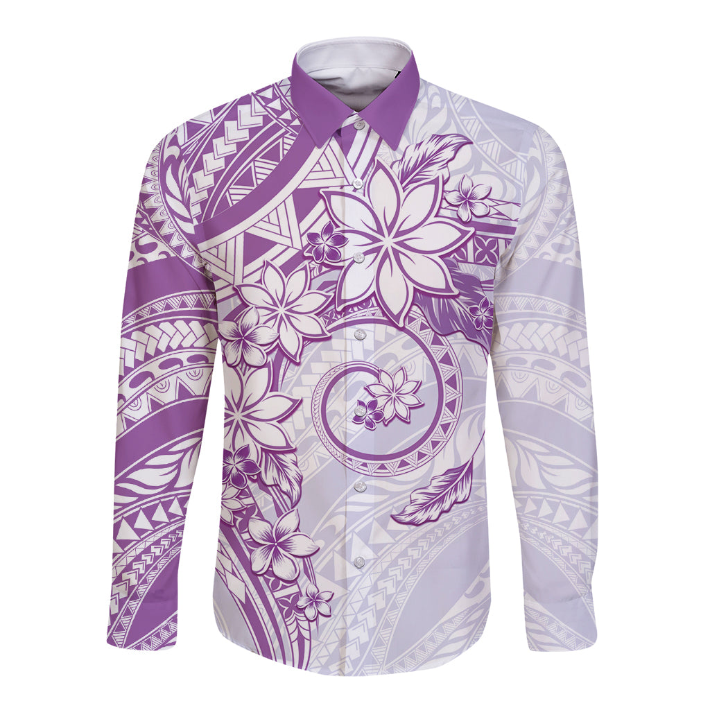 Polynesian Pattern With Plumeria Flowers Long Sleeve Button Shirt Purple LT05 Unisex Purple - Polynesian Pride