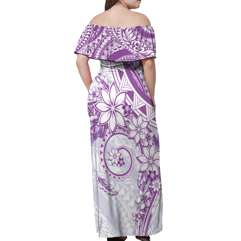 Polynesian Pattern With Plumeria Flowers Off Shoulder Maxi Dress Purple