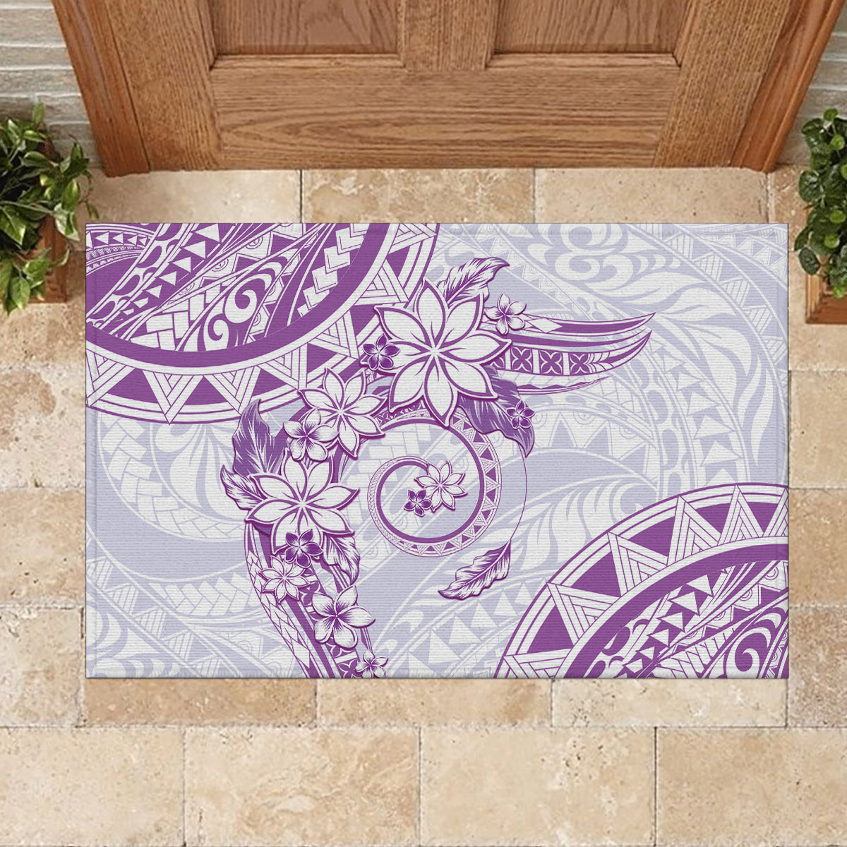 Polynesian Pattern With Plumeria Flowers Rubber Doormat Purple LT05 - Polynesian Pride