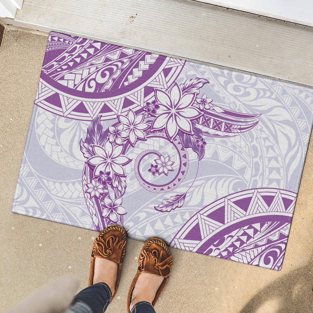 Polynesian Pattern With Plumeria Flowers Rubber Doormat Purple LT05 - Polynesian Pride