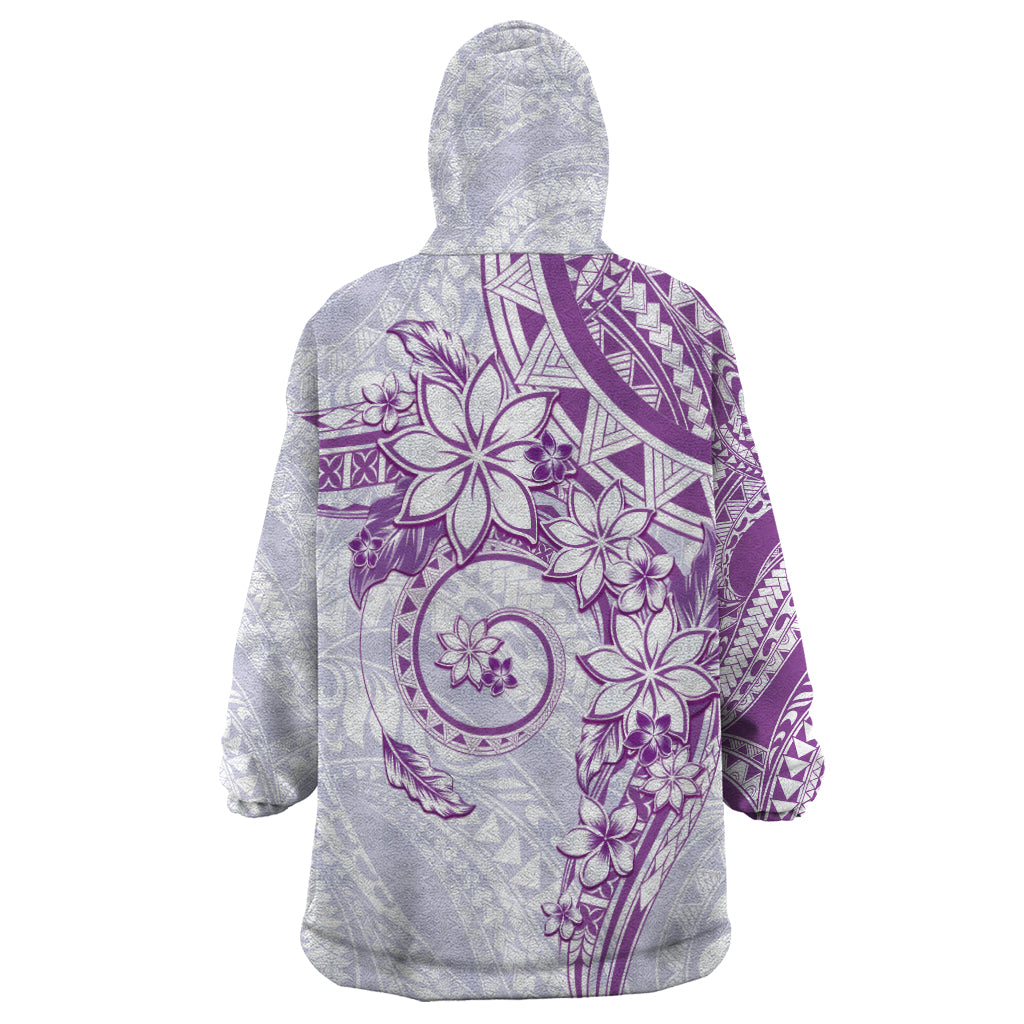 Polynesian Pattern With Plumeria Flowers Wearable Blanket Hoodie Purple