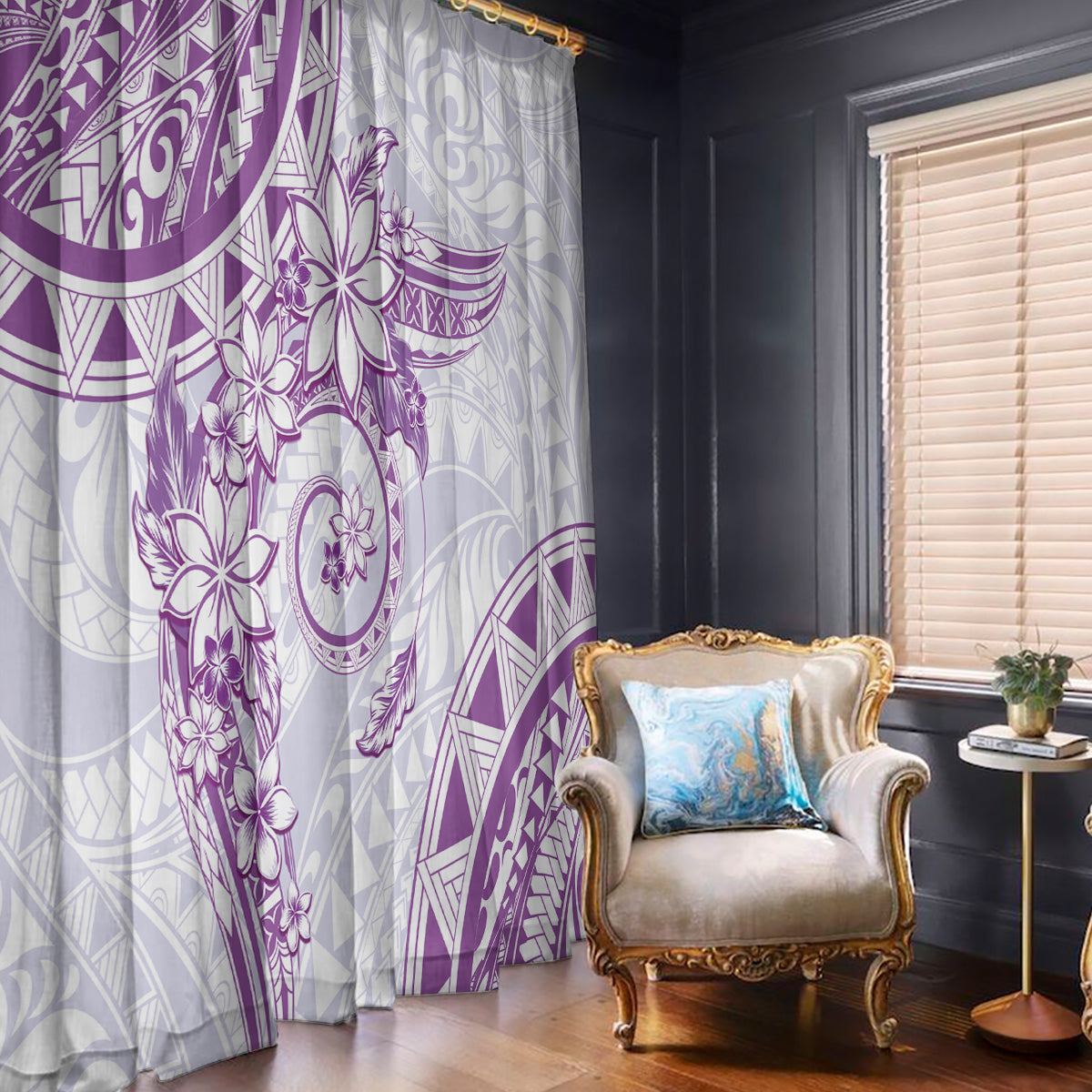 Polynesian Pattern With Plumeria Flowers Window Curtain Purple