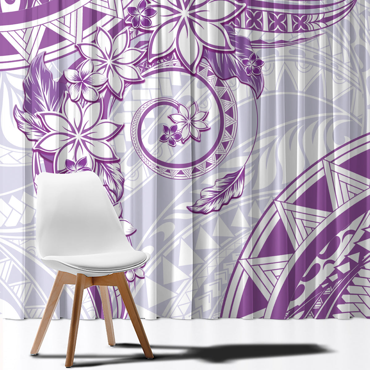 Polynesian Pattern With Plumeria Flowers Window Curtain Purple