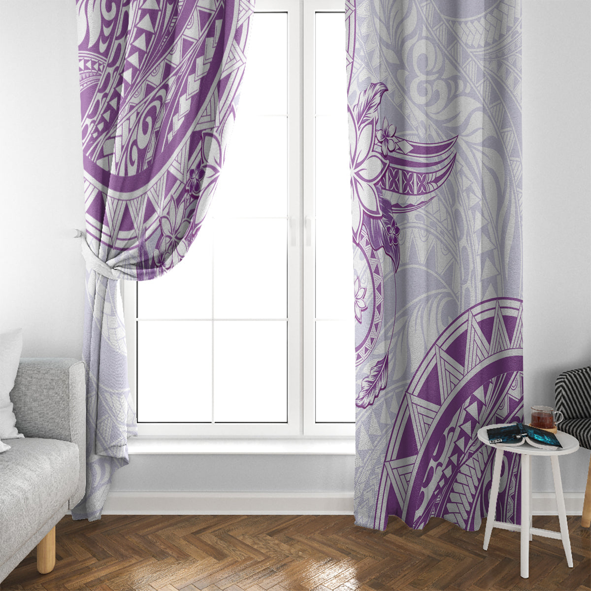 Polynesian Pattern With Plumeria Flowers Window Curtain Purple