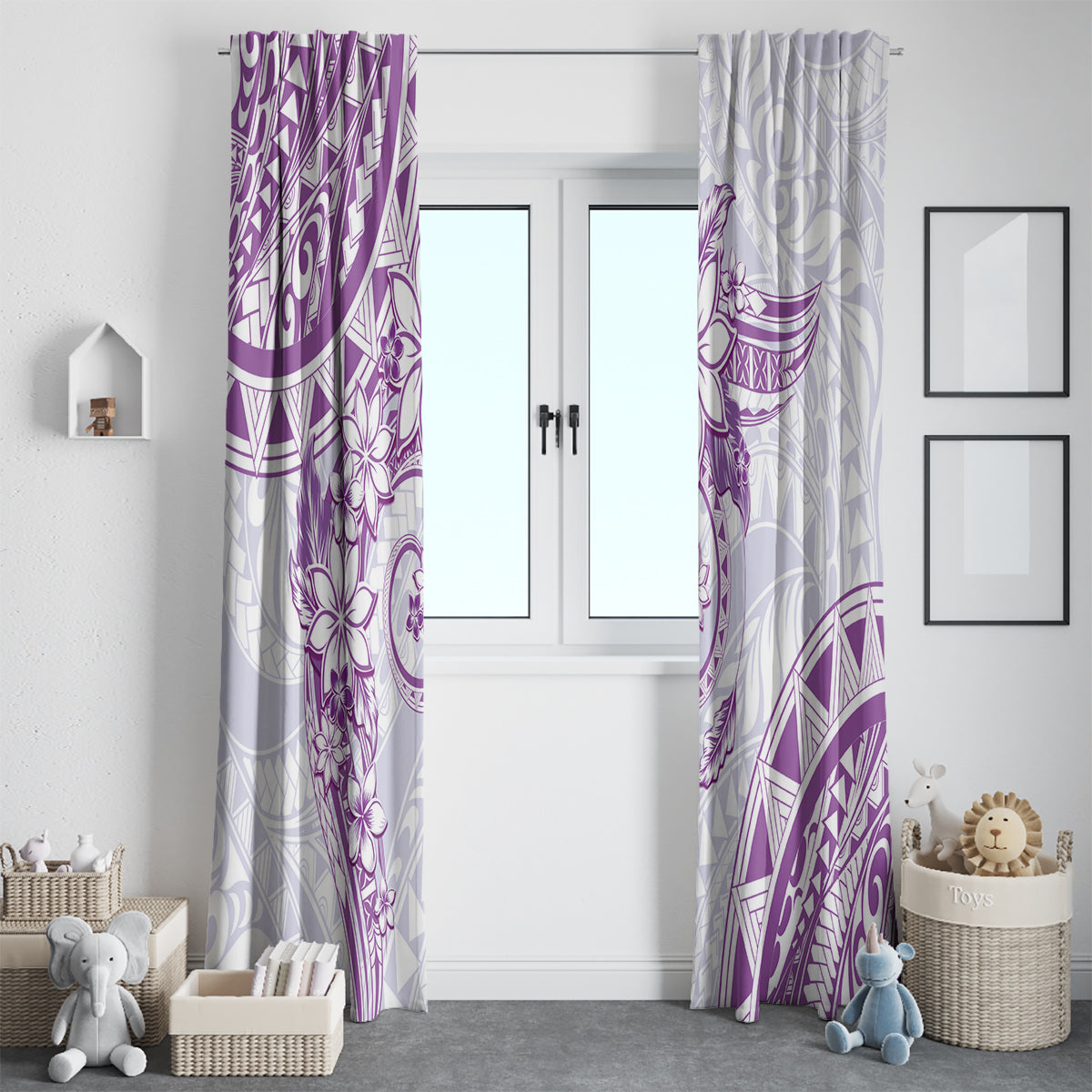 Polynesian Pattern With Plumeria Flowers Window Curtain Purple