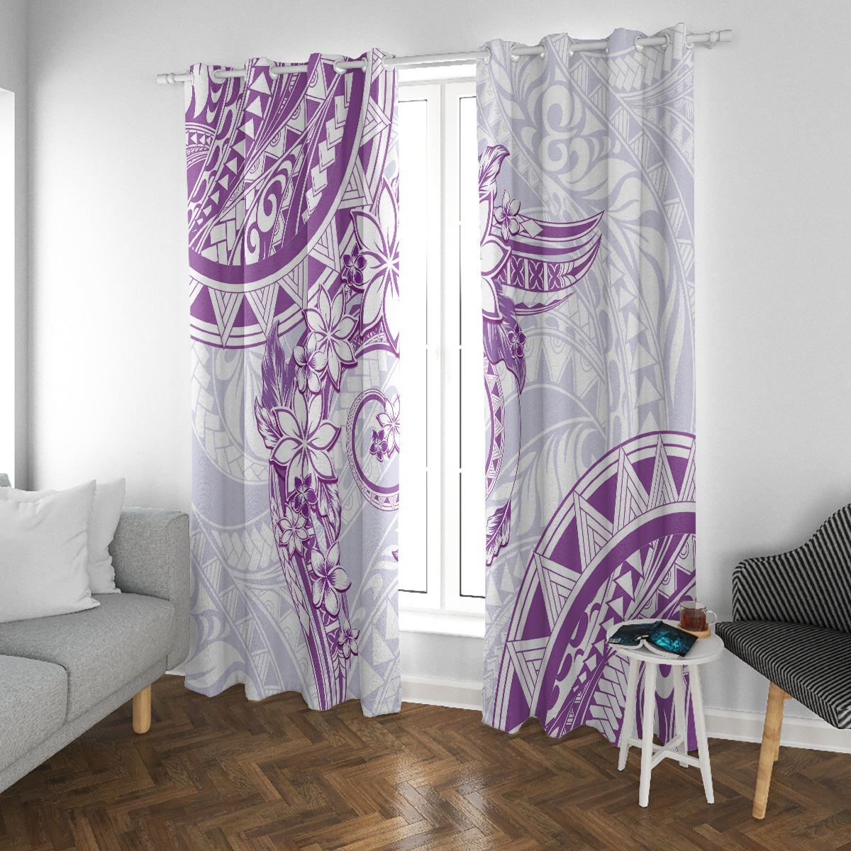 Polynesian Pattern With Plumeria Flowers Window Curtain Purple