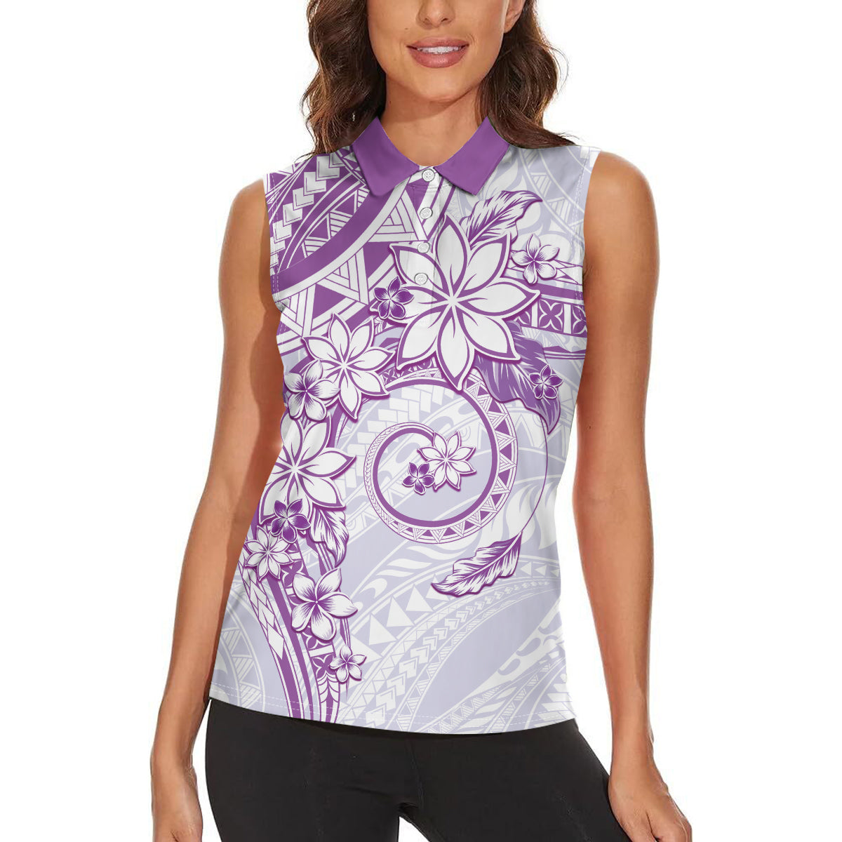 Polynesian Pattern With Plumeria Flowers Women Sleeveless Polo Shirt Purple