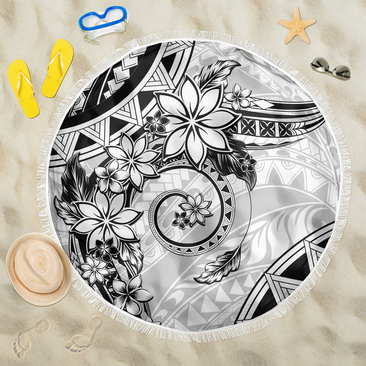 Polynesian Pattern With Plumeria Flowers Beach Blanket White