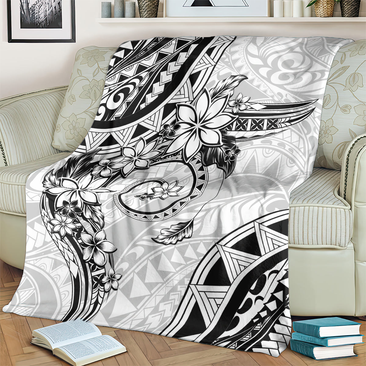 Polynesian Pattern With Plumeria Flowers Blanket White
