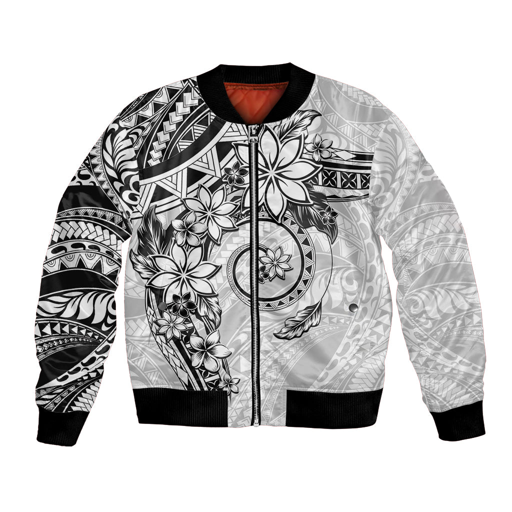 Polynesian Pattern With Plumeria Flowers Bomber Jacket White