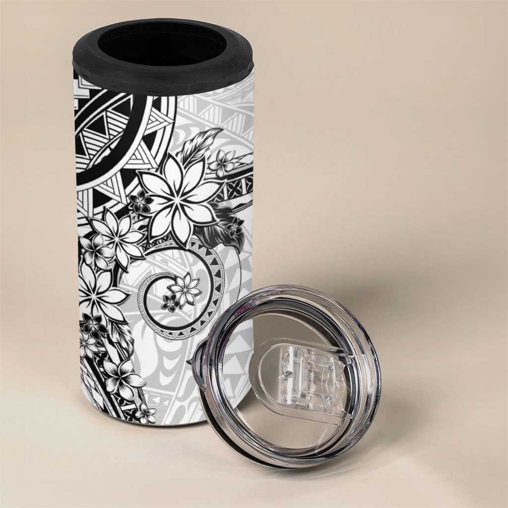 White Polynesian Pattern With Plumeria Flowers 4 in 1 Can Cooler Tumbler