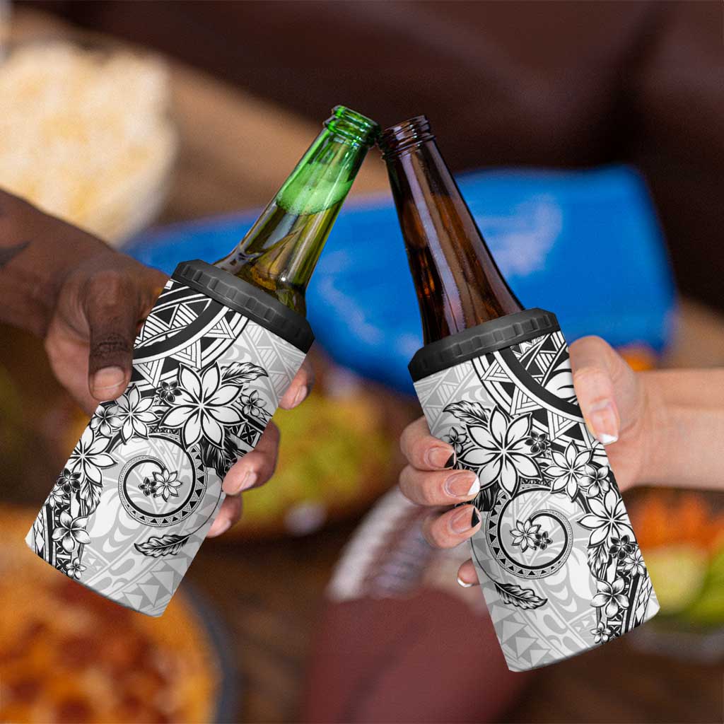 White Polynesian Pattern With Plumeria Flowers 4 in 1 Can Cooler Tumbler