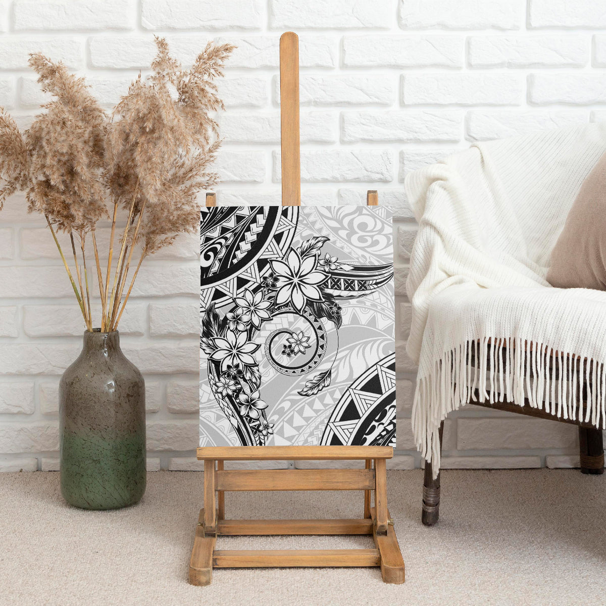 Polynesian Pattern With Plumeria Flowers Canvas Wall Art White