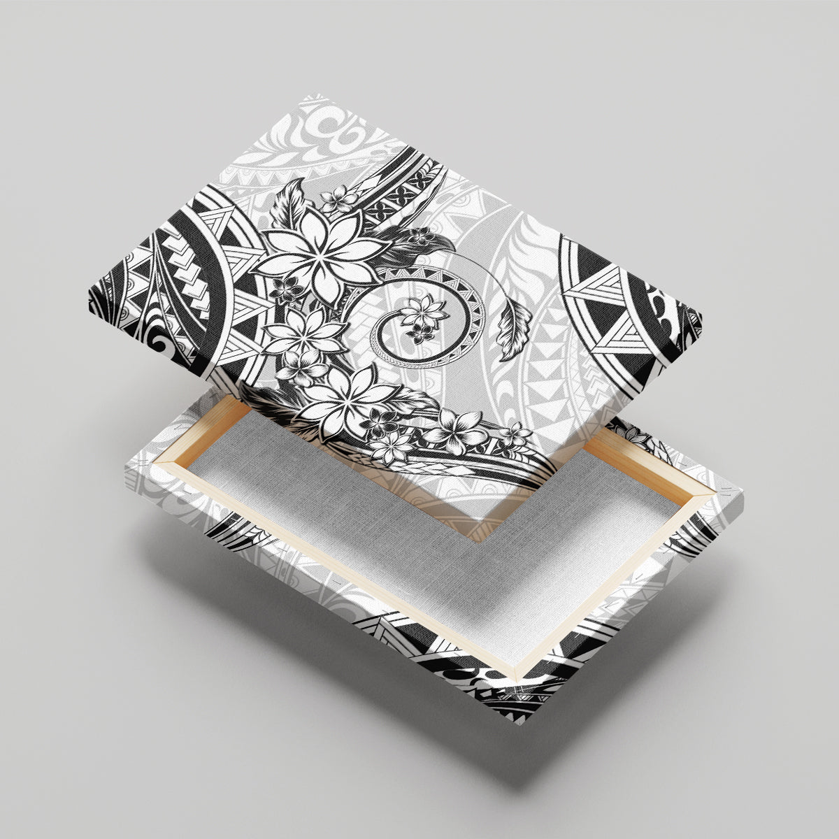 Polynesian Pattern With Plumeria Flowers Canvas Wall Art White