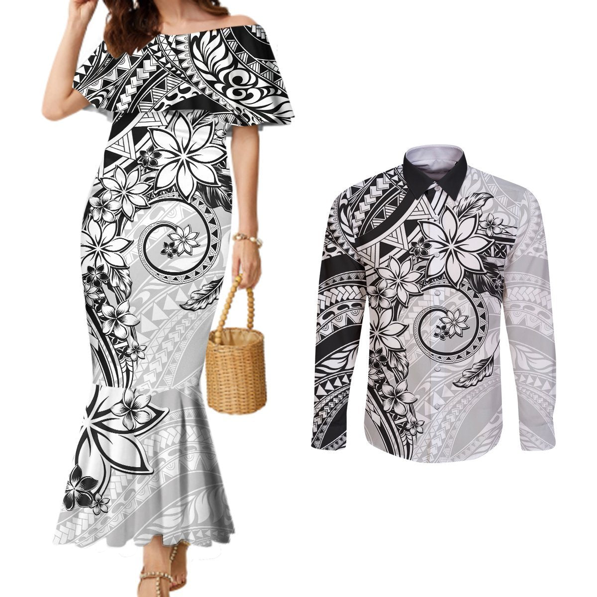 Polynesian Pattern With Plumeria Flowers Couples Matching Mermaid Dress and Long Sleeve Button Shirt White LT05 White - Polynesian Pride
