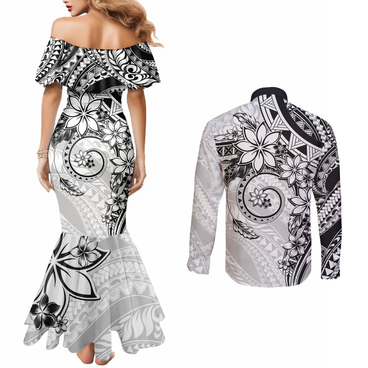 Polynesian Pattern With Plumeria Flowers Couples Matching Mermaid Dress and Long Sleeve Button Shirt White LT05 - Polynesian Pride