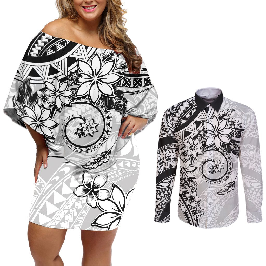 Polynesian Pattern With Plumeria Flowers Couples Matching Off Shoulder Short Dress and Long Sleeve Button Shirt White