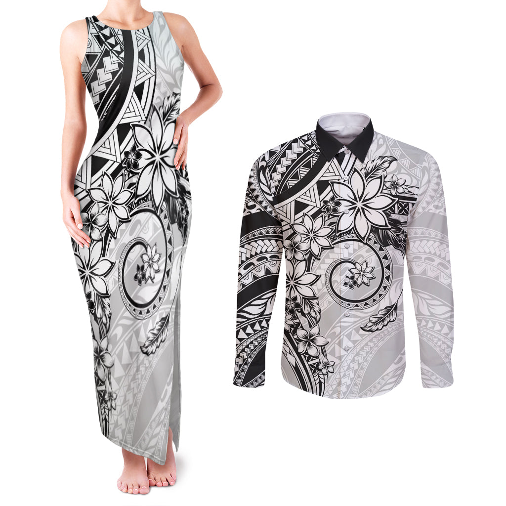 Polynesian Pattern With Plumeria Flowers Couples Matching Tank Maxi Dress and Long Sleeve Button Shirt White