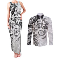 Polynesian Pattern With Plumeria Flowers Couples Matching Tank Maxi Dress and Long Sleeve Button Shirt White
