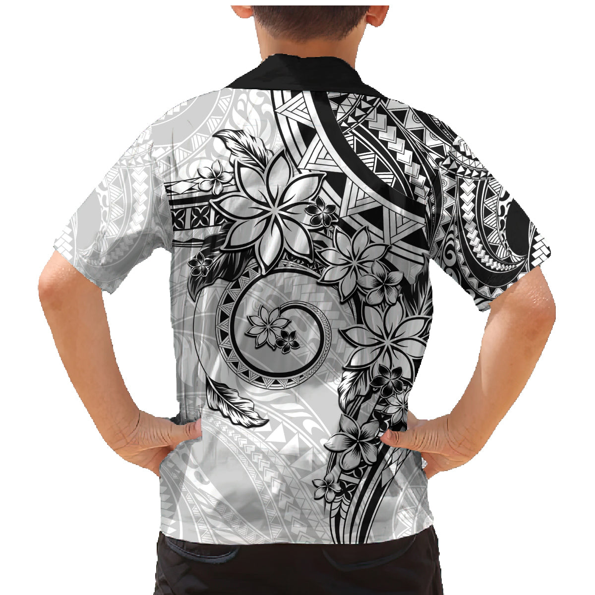 Polynesian Pattern With Plumeria Flowers Family Matching Mermaid Dress and Hawaiian Shirt White